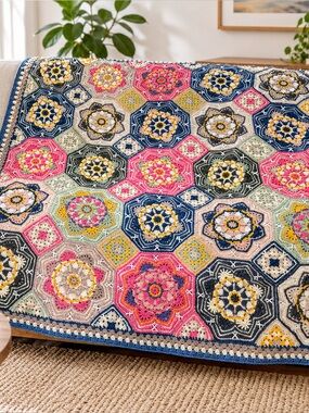 Persian style Flower granny afghan Handmade Crochet blanket 91” x 91”